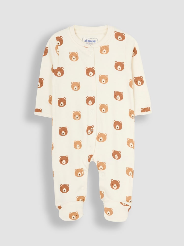 JoJo Maman Bébé Natural Cream Cotton Footed Animal Print Sleepsuits 3-Pack - Image 4 of 7