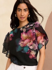 Love & Roses Black Flutter Sleeve Blouse - Image 1 of 4