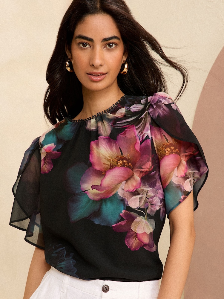 Love & Roses Black Flutter Sleeve Blouse - Image 1 of 4
