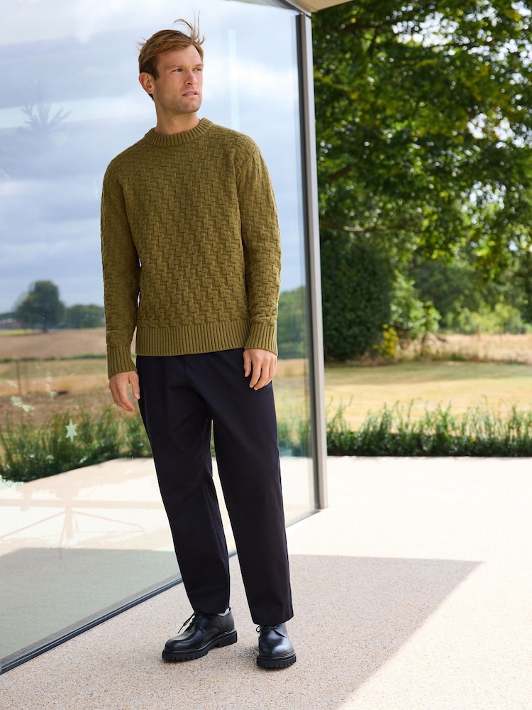Khaki Green Regular Fit Textured Crew Jumper with Wool - Image 2 of 4 Khaki Green Regular Fit Textured Crew Jumper with Wool - Image 2 of 4