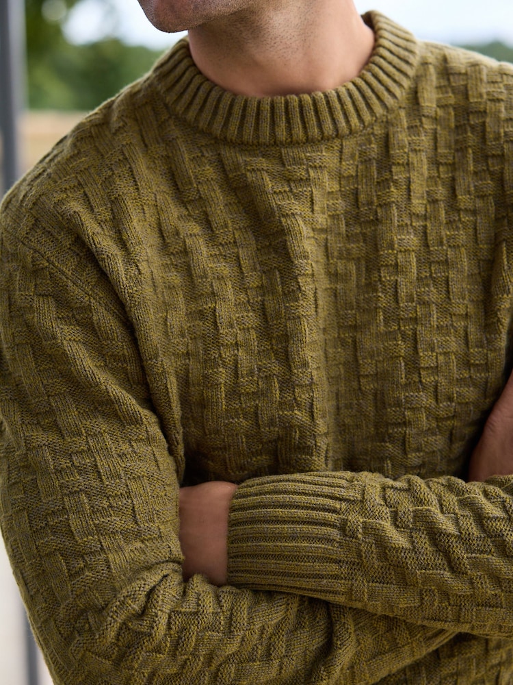 Khaki Green Regular Fit Textured Crew Jumper with Wool - Image 4 of 4 Khaki Green Regular Fit Textured Crew Jumper with Wool - Image 4 of 4