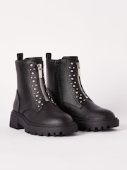 Lipsy Black Chunky Studded Zip Front Faux Leather Ankle Boot - Image 1 of 4