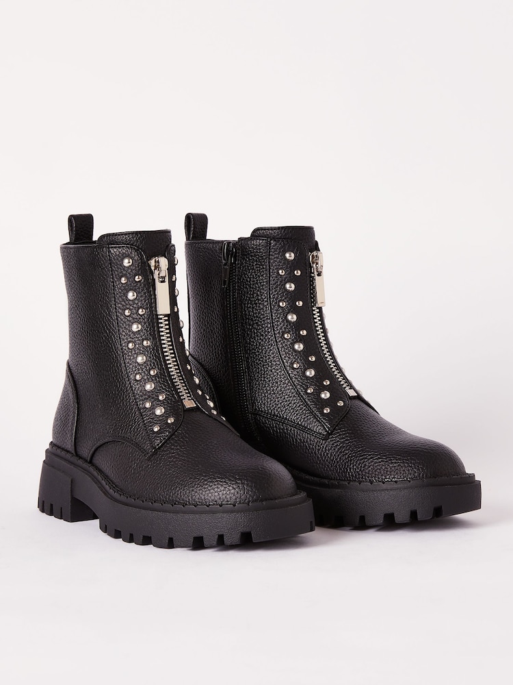 Lipsy Black Chunky Studded Zip Front Faux Leather Ankle Boot - Image 1 of 4
