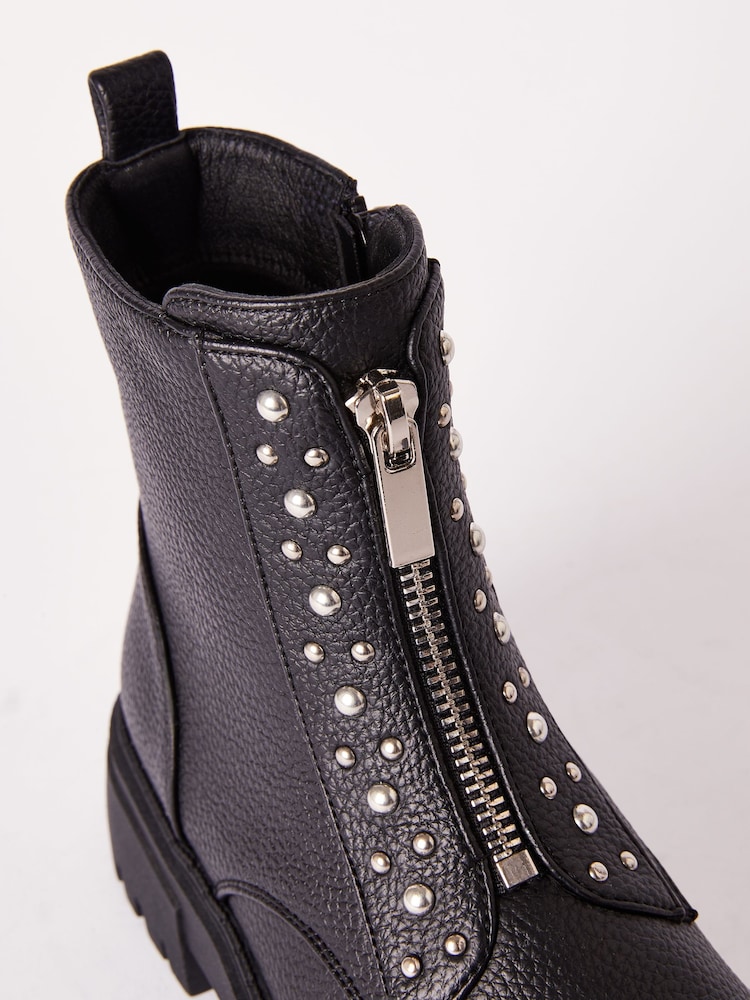 Lipsy Black Chunky Studded Zip Front Faux Leather Ankle Boot - Image 4 of 4