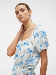 VERO MODA Blue Floral Printed Linen Puff Sleeve Top - Image 1 of 5