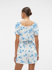 VERO MODA Blue Floral Printed Linen Puff Sleeve Top - Image 2 of 5