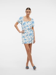 VERO MODA Blue Floral Printed Linen Puff Sleeve Top - Image 4 of 5