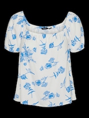 VERO MODA Blue Floral Printed Linen Puff Sleeve Top - Image 5 of 5