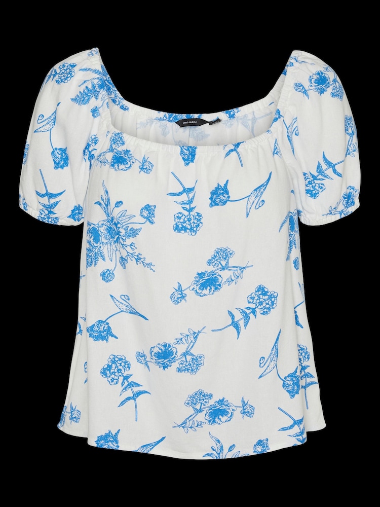 VERO MODA Blue Floral Printed Linen Puff Sleeve Top - Image 5 of 5