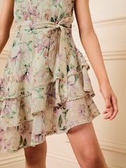Lipsy Green Floral Tiered High Neck Mini Dress (5-16yrs) - Image 2 of 4