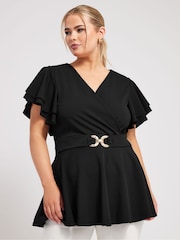 Negro - Top con peplum con hebilla y mangas tipo ángel de Yours Curve - Imagen 1 de 5