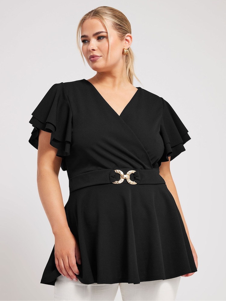 Negro - Top con peplum con hebilla y mangas tipo ángel de Yours Curve - Imagen 1 de 5 Negro - Top con peplum con hebilla y mangas tipo ángel de Yours Curve - Imagen 1 de 5