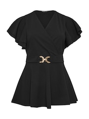 Negro - Top con peplum con hebilla y mangas tipo ángel de Yours Curve - Imagen 5 de 5