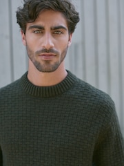 Green Regular Fit Textured Crew Jumper with Wool - Image 1 of 8