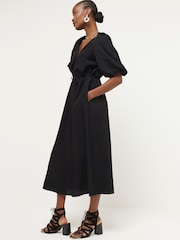 River Island Black Puff Sleeve Belted Dress - Image 1 of 4
