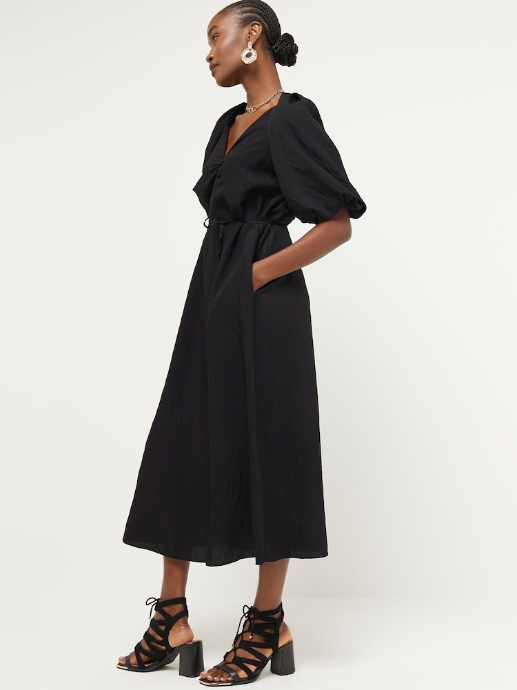 River Island Black Puff Sleeve Belted Dress - Image 1 of 4