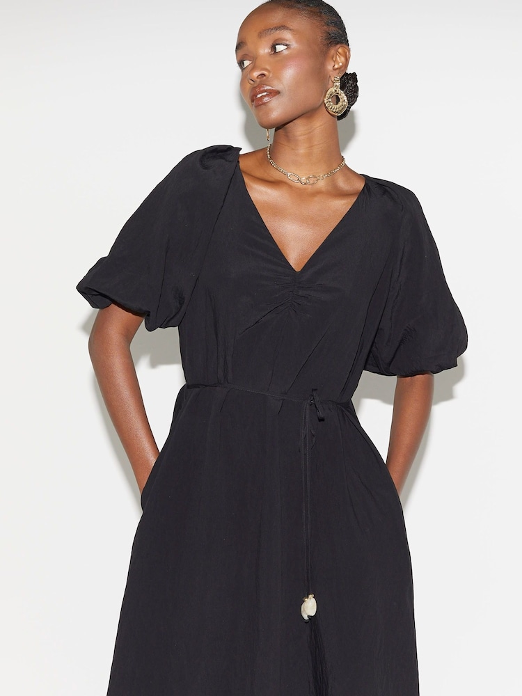 River Island Black Puff Sleeve Belted Dress - Image 2 of 4