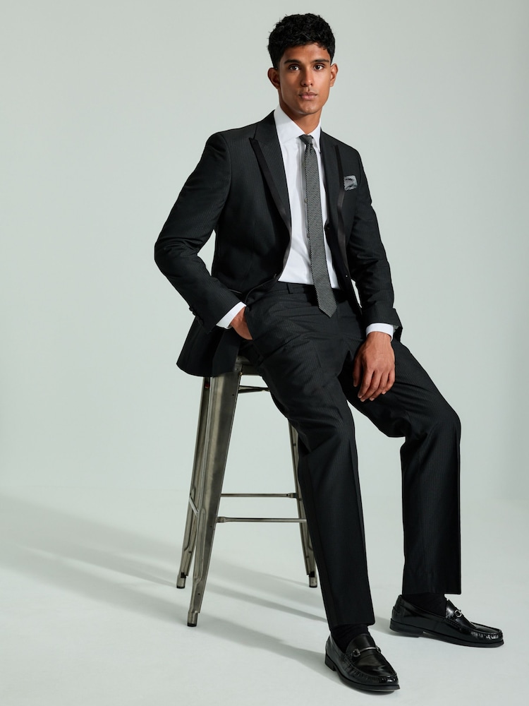 Black Slim Fit Glitter Stripe Tuxedo Suit Jacket - Image 3 of 10
