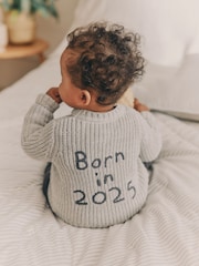Grey Born In 2025 Baby Knitted 100% Cotton Cardigan - Image 1 of 12