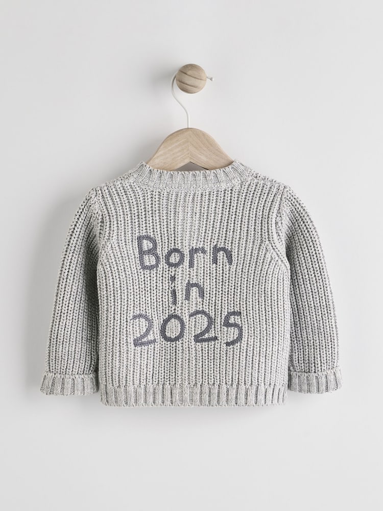 Grey Born In 2025 Baby Knitted 100% Cotton Cardigan - Image 6 of 12