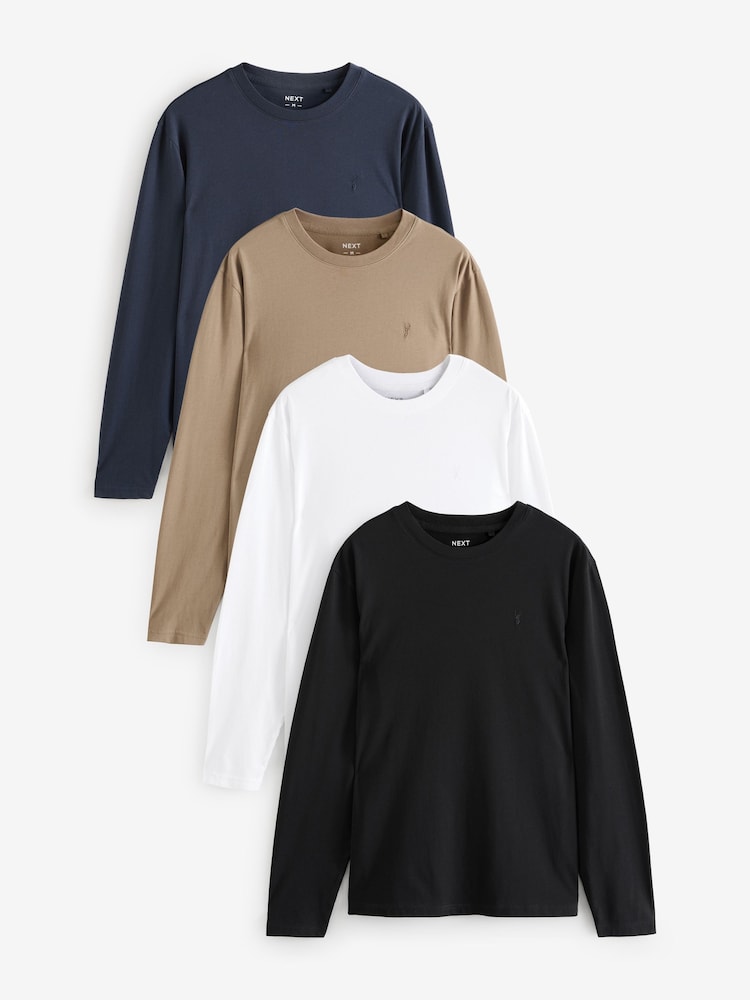 Navy/White/Black/Stone Long Sleeve 100% Cotton T-Shirts 4 Pack - Image 1 of 14