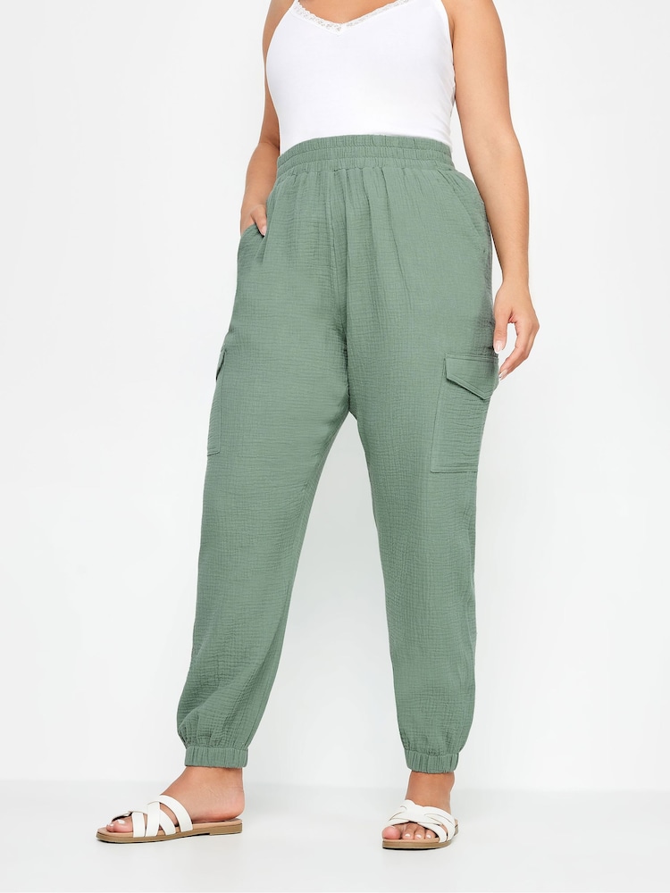 Yours Curve Green 100% Cotton Cheesecloth Cuffed Joggers - Image 1 of 5