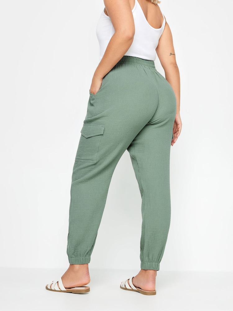 Yours Curve Green 100% Cotton Cheesecloth Cuffed Joggers - Image 3 of 5