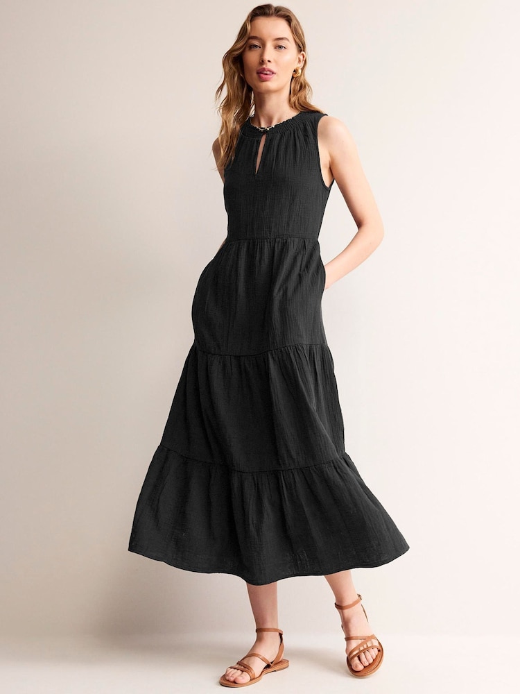 Boden Black 100% Cotton Double Cloth Maxi Tiered Dress - Image 1 of 5