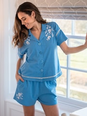Pour Moi Blue 100% Cotton Jersey Embroidered Revere Collar Shirt And Short Set - Image 1 of 4