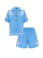Pour Moi Blue 100% Cotton Jersey Embroidered Revere Collar Shirt And Short Set - Image 4 of 4