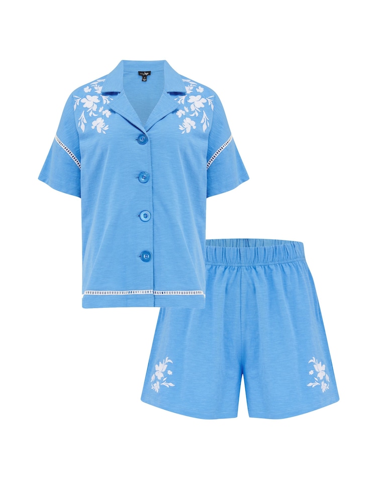 Pour Moi Blue 100% Cotton Jersey Embroidered Revere Collar Shirt And Short Set - Image 4 of 4
