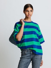 Blue/Green Stripe Oversized Relaxed Fit 100% Cotton Boxy Heavyweight Crew Neck T-Shirt - Image 1 of 6