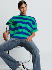 Blue/Green Stripe Oversized Relaxed Fit 100% Cotton Boxy Heavyweight Crew Neck T-Shirt - Image 2 of 6