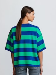 Blue/Green Stripe Oversized Relaxed Fit 100% Cotton Boxy Heavyweight Crew Neck T-Shirt - Image 3 of 6