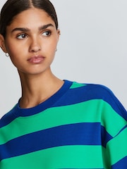 Blue/Green Stripe Oversized Relaxed Fit 100% Cotton Boxy Heavyweight Crew Neck T-Shirt - Image 4 of 6