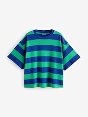 Blue/Green Stripe Oversized Relaxed Fit 100% Cotton Boxy Heavyweight Crew Neck T-Shirt - Image 5 of 6