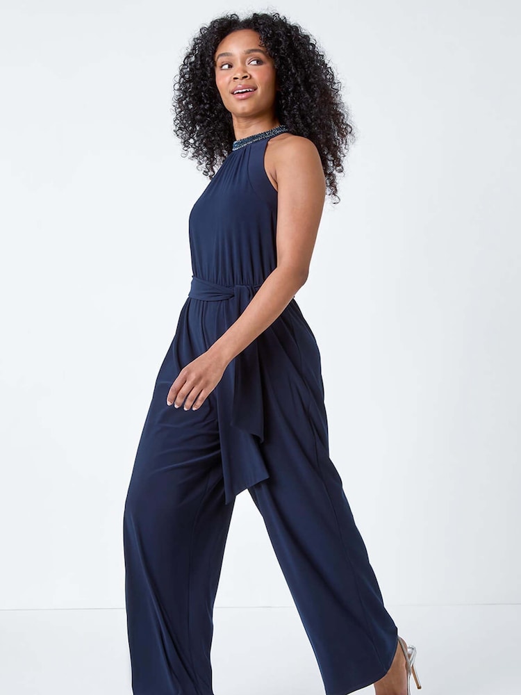 Roman Blue Beaded Wide Leg Halterneck Stretch Jumpsuit - Image 1 of 5