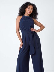 Roman Blue Beaded Wide Leg Halterneck Stretch Jumpsuit - Image 2 of 5