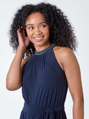 Roman Blue Beaded Wide Leg Halterneck Stretch Jumpsuit - Image 4 of 5