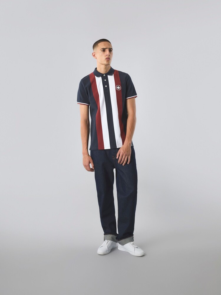أزرق داكن - Pretty Green Stripe Knitted 100% Cotton Polo Shirt - صورة 1 من 3