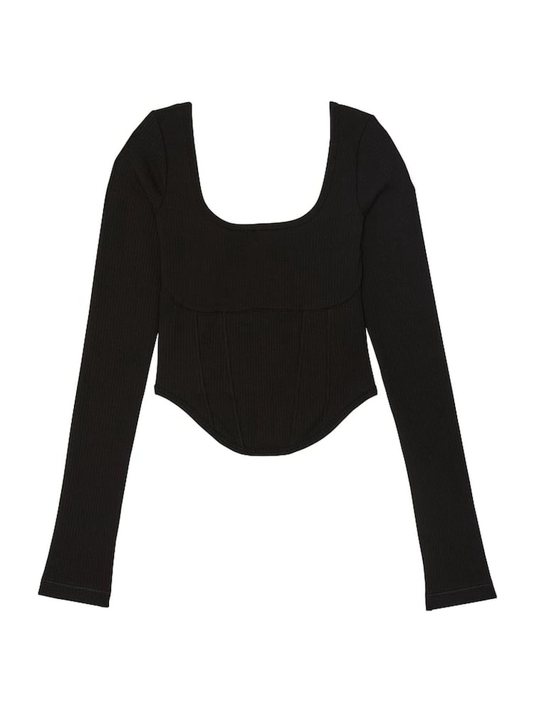 Victoria's Secret PINK Black Long Sleeve Cotton Corset Top - Image 3 of 3