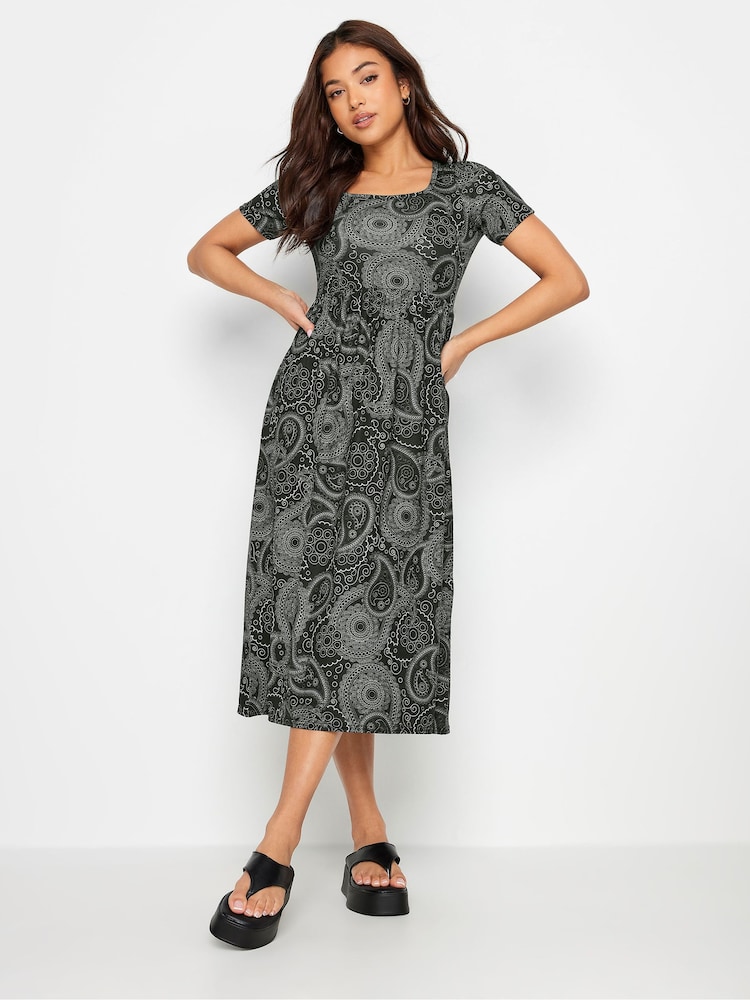 PixieGirl Petite Black Paisley Print Midi Smock Dress - Image 1 of 5