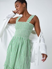 Roman Green Zig Zag Print Shirred 100% Cotton Dress - Image 1 of 5