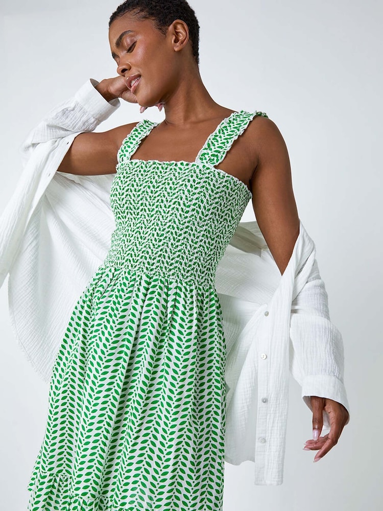 Roman Green Zig Zag Print Shirred 100% Cotton Dress - Image 1 of 5