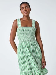 Roman Green Zig Zag Print Shirred 100% Cotton Dress - Image 2 of 5