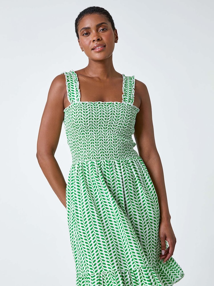 Roman Green Zig Zag Print Shirred 100% Cotton Dress - Image 2 of 5