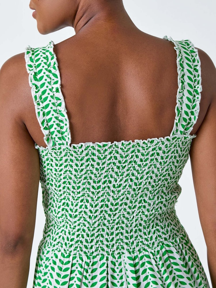 Roman Green Zig Zag Print Shirred 100% Cotton Dress - Image 5 of 5