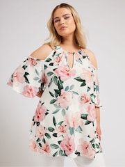 Weiß - Yours Curve YOURS LONDON Top mit Kette und Blumenmuster und kalten Schultern - Bild 1 von 6