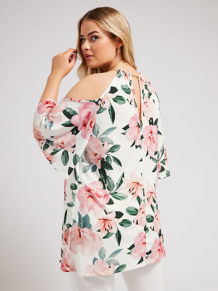 Weiß - Yours Curve YOURS LONDON Top mit Kette und Blumenmuster und kalten Schultern - Bild 2 von 6