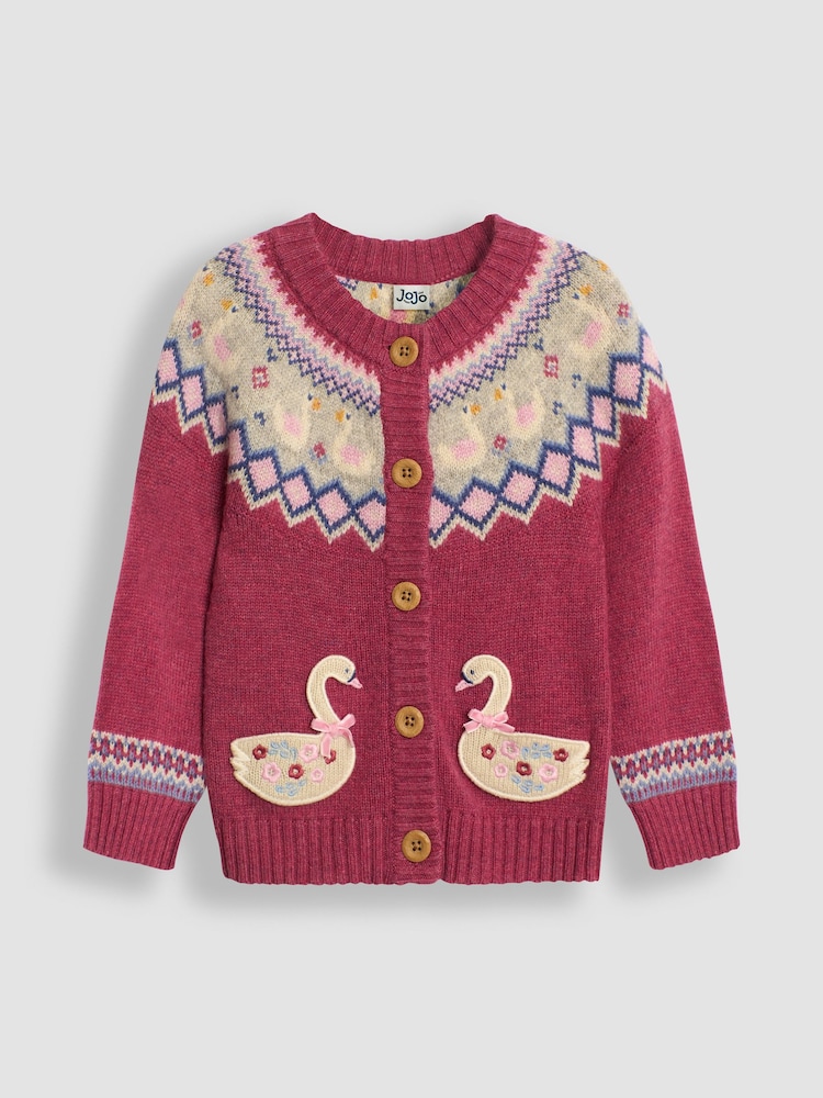 JoJo Maman Bébé Rose Pink Swan Knit Fair Isle Cardigan - Image 2 of 4